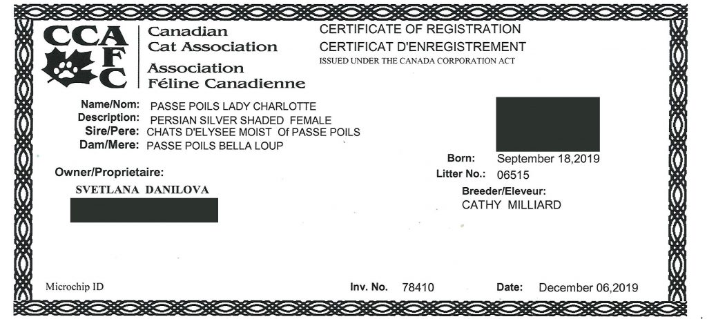 Canadian Cat Association CCA Registered. CCA Certificate of Registration